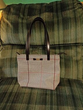 Ralph Lauren Houndstooth tote bag red trim black strap 9x12